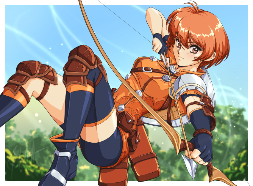 1girl action arrow_(projectile) asymmetrical_legwear bike_shorts border bow_(weapon) breasts closed_mouth day drawn_bow fire_emblem fire_emblem:_three_houses fire_emblem_warriors:_three_hopes forest highres knee_pads leonie_pinelli looking_at_viewer medium_breasts nature orange_eyes orange_hair outdoors outside_border short_hair single_thighhigh sirknightbot solo thighhighs weapon white_border