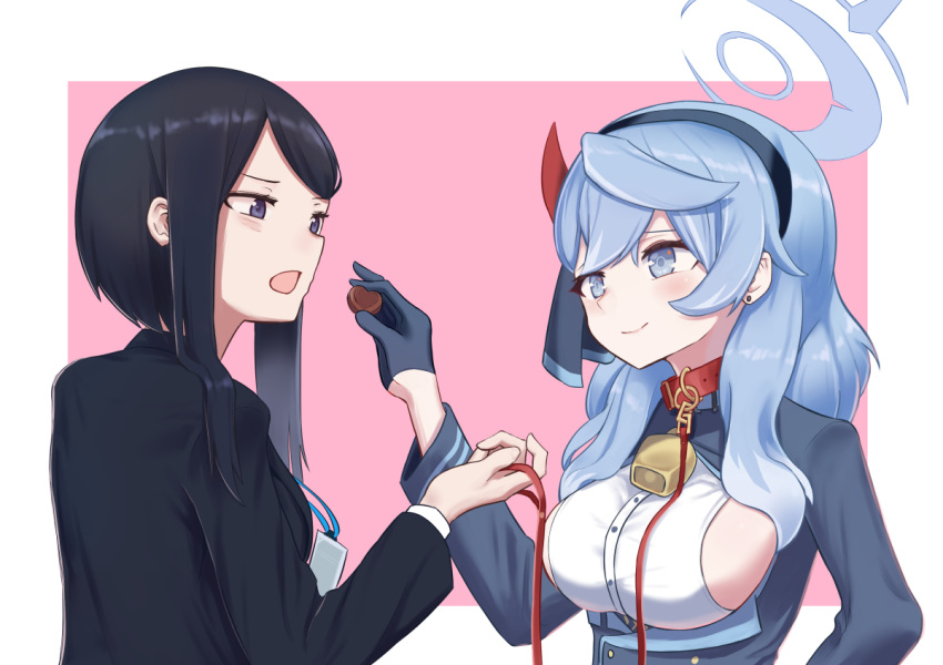 2girls ako_(blue_archive) black_hair blue_archive blue_hair blush candy chocolate cleavage_cutout clothing_cutout collar commentary_request demon_horns earrings feeding female_sensei_(blue_archive) food gloves halo heart heart-shaped_chocolate hilamehilame horns jewelry lanyard leash long_hair multiple_girls single_horn