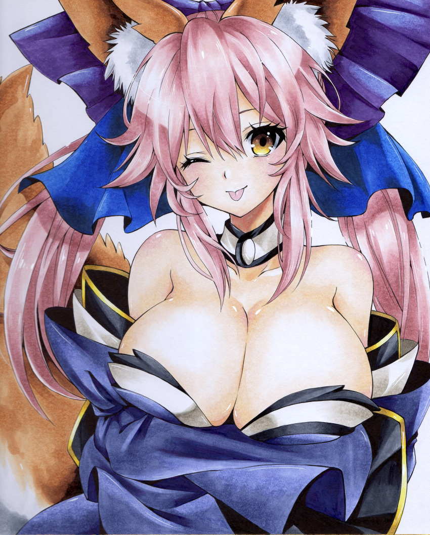 1girl ;p absurdres animal_ears blue_bow bow breasts brown_eyes choker cleavage fate/extella fate/extra fate/extra_ccc fate/grand_order fate_(series) fox_ears fox_tail hair_bow highres hmdark-9 one_eye_closed pink_hair simple_background solo tail tamamo_(fate) tamamo_no_mae_(fate/extra) tongue tongue_out traditional_media twintails white_background