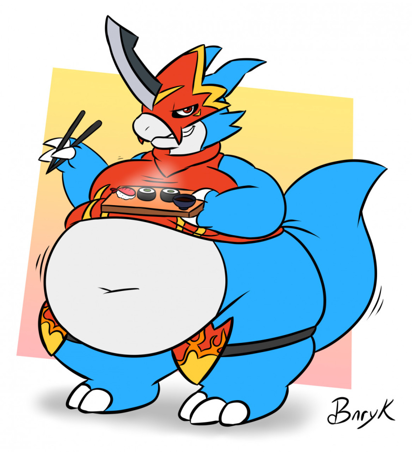 anthro armor bandai_namco belly belt big_belly blue_body bunearyk chopsticks claws digimon digimon_(species) flamedramon food grin hi_res male navel overweight smile solo sushi