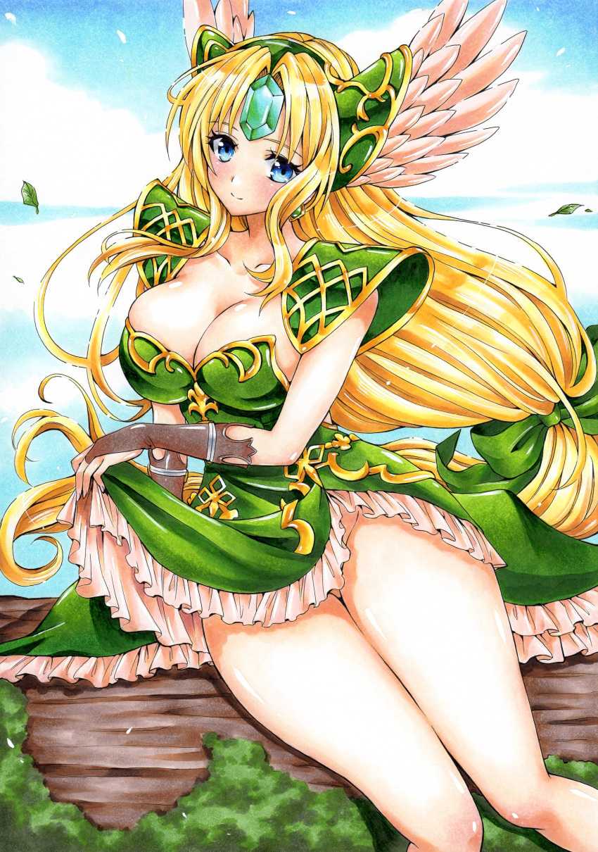 1girl absurdres blonde_hair blue_eyes bow breasts cleavage clothes_lift cloud day forehead_jewel green_bow hair_bow helmet highres hmdark-9 legs long_hair looking_at_viewer no_panties outdoors riesz seiken_densetsu seiken_densetsu_3 skirt skirt_lift sky smile solo traditional_media very_long_hair winged_helmet