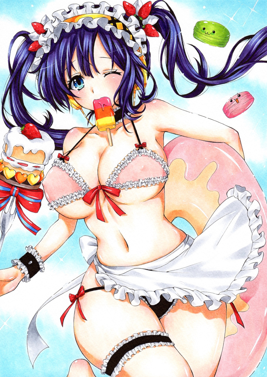 1girl absurdres apron bikini blue_eyes blue_hair blush breasts candy cleavage covered_nipples food front-tie_bikini front-tie_top headdress highres hmdark-9 long_hair looking_at_viewer macaron maid mouth_hold navel one_eye_closed original popsicle side-tie_bikini solo sweets swimsuit traditional_media twintails wrist_cuffs