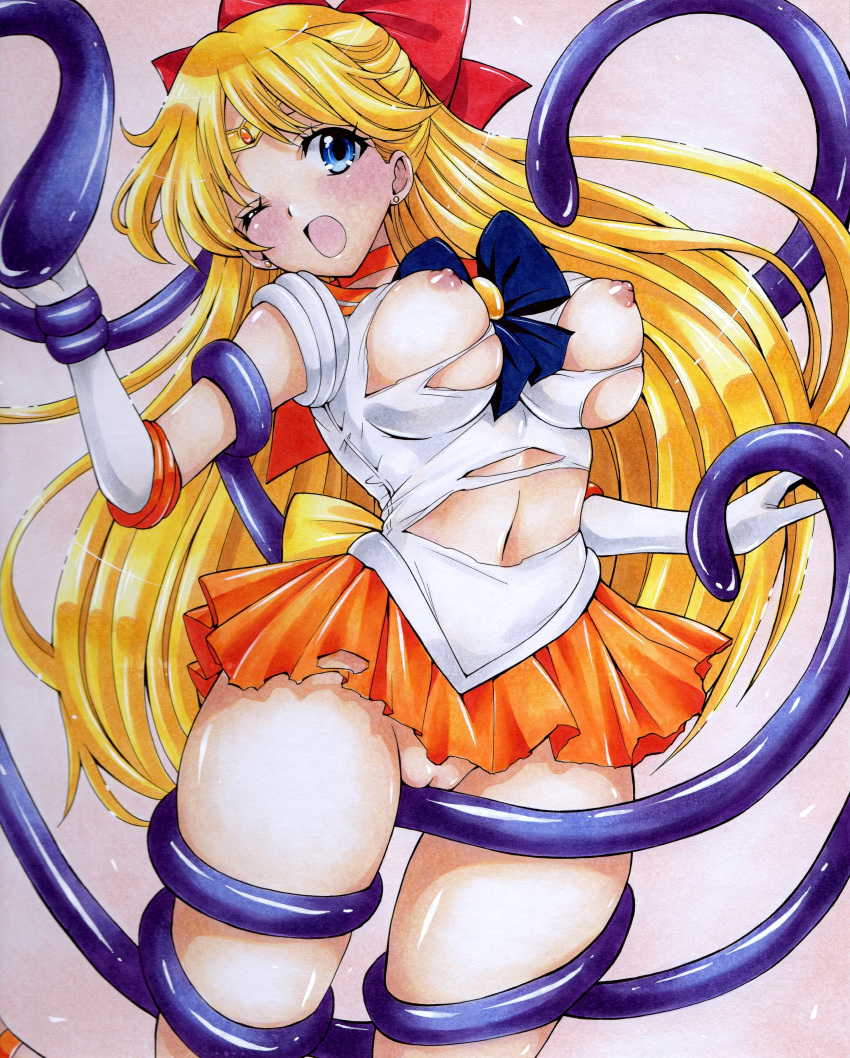 1girl absurdres aino_minako bishoujo_senshi_sailor_moon blonde_hair blue_bow blue_eyes blush bow breasts breasts_out earrings elbow_gloves gloves hair_bow highres hmdark-9 jewelry long_hair navel nipples no_bra no_panties one_eye_closed open_mouth pussy red_bow sailor_venus school_uniform serafuku solo tentacles torn_clothes traditional_media very_long_hair white_gloves