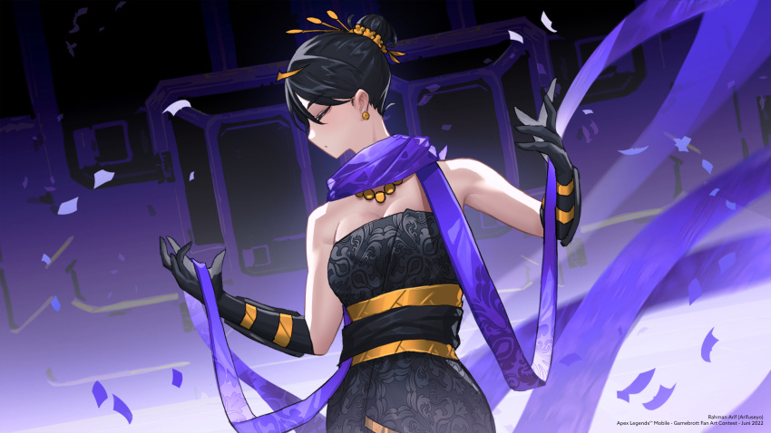 1girl absurdres alternate_costume apex_legends arifuseyo black_dress black_gloves black_sash breasts cleavage closed_eyes dress earrings english_commentary gloves hair_behind_ear highres holding holding_clothes holding_scarf indonesian_clothes jewelry medium_breasts open_hands purple_scarf sash scarf solo strapless strapless_dress wraith_(apex_legends)