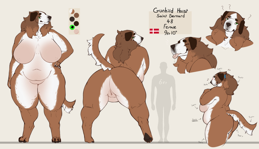 absurd_res anthro belly big_breasts big_butt blep breasts butt canid canine canis domestic_dog female genitals gunhild_(securipun) hair hi_res huge_breasts mammal mature_anthro mature_female model_sheet molosser mountain_dog nipples nude overweight overweight_anthro overweight_female pussy saint_bernard securipun simple_background smile standing text thick_thighs tongue tongue_out wide_hips