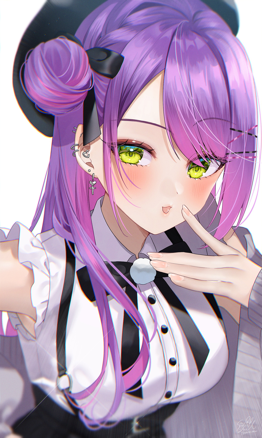 1girl absurdres beret blouse cardigan casual ear_piercing earrings green_eyes hair_bun hair_ornament hairclip hat highres hololive jacket jacket_partially_removed jewelry long_hair official_alternate_costume piercing purple_hair ribbon shirt simple_background skirt suspender_skirt suspenders tokoyami_towa upper_body virtual_youtuber white_background yuuyu_(moco20111115)