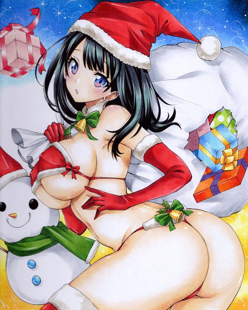 1girl :o absurdres ass bell black_hair blue_eyes bow breasts christmas covered_nipples elbow_gloves gift gloves green_bow gridman_universe hat highres hmdark-9 jingle_bell large_breasts long_hair looking_at_viewer multicolored_eyes open_mouth purple_eyes red_gloves red_legwear sack santa_hat scarf smile snowman solo ssss.gridman swimsuit takarada_rikka traditional_media