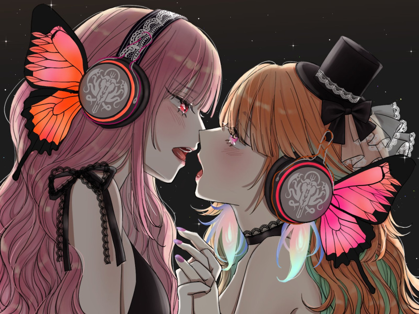 bug butterfly butterfly_hair_ornament butterfly_wings earrings face-to-face feather_earrings feathers gradient_hair hair_ornament hat headphones highres hololive hololive_english jewelry magnet_(vocaloid) mini_hat mini_top_hat mori_calliope multicolored_hair orange_hair pink_hair sein_025 takanashi_kiara top_hat virtual_youtuber vocaloid wings yuri