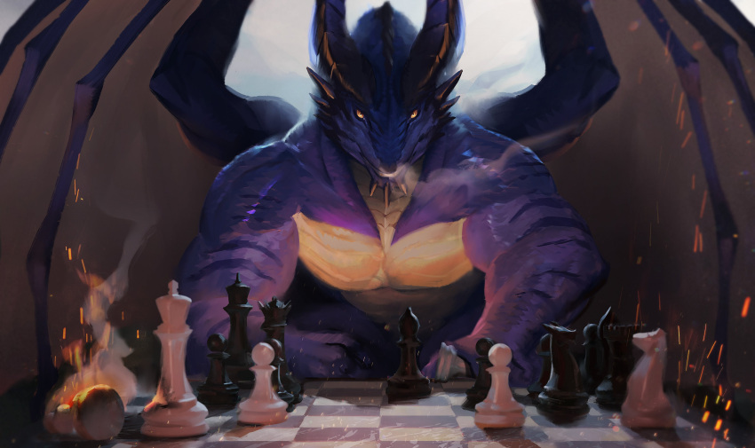 5_fingers absurd_res anthro biceps big_muscles big_pecs black_horn black_spikes blue_body blue_scales blue_wings chess chin_spikes colored countershade_torso countershading curved_horn digital_media_(artwork) digital_painting_(artwork) dragon dragon_wings facial_spikes fingers fire front_view hi_res horn leaning leaning_forward looking_at_viewer male membrane_(anatomy) membranous_wings multicolored_body multicolored_scales muscular muscular_anthro muscular_male pecs ridged_horn scales scalie sixfoot smoke_from_mouth solo spikes spikes_(anatomy) tan_body tan_scales tan_wings torvanskir_(korboryn) two_tone_body two_tone_scales two_tone_wings wings yellow_body yellow_eyes yellow_membrane yellow_scales yellow_wings