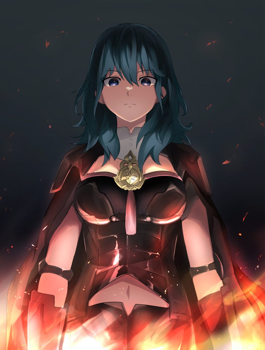 1girl armor bangs black_armor black_coat black_shirt black_shorts blue_eyes blue_hair breasts bustier byleth_(fire_emblem) byleth_(fire_emblem)_(female) closed_mouth clothing_cutout coat commentary_request cowboy_shot fire fire_emblem fire_emblem:_three_houses hair_between_eyes highres komurice large_breasts long_hair looking_at_viewer medal navel navel_cutout shirt shorts sidelocks solo standing tasuki vambraces