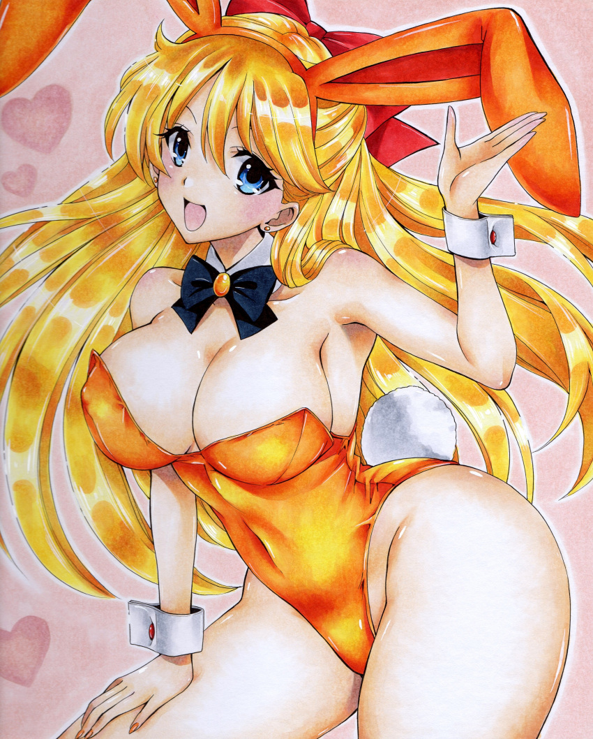 1girl absurdres aino_minako animal_ears bishoujo_senshi_sailor_moon black_bow blonde_hair blue_eyes bow bowtie breasts choker cleavage cosplay detached_collar earrings fake_animal_ears heart highres hmdark-9 jewelry leotard long_hair navel open_mouth orange_leotard playboy_bunny rabbit_ears rabbit_tail sailor_venus solo tail traditional_media very_long_hair wrist_cuffs