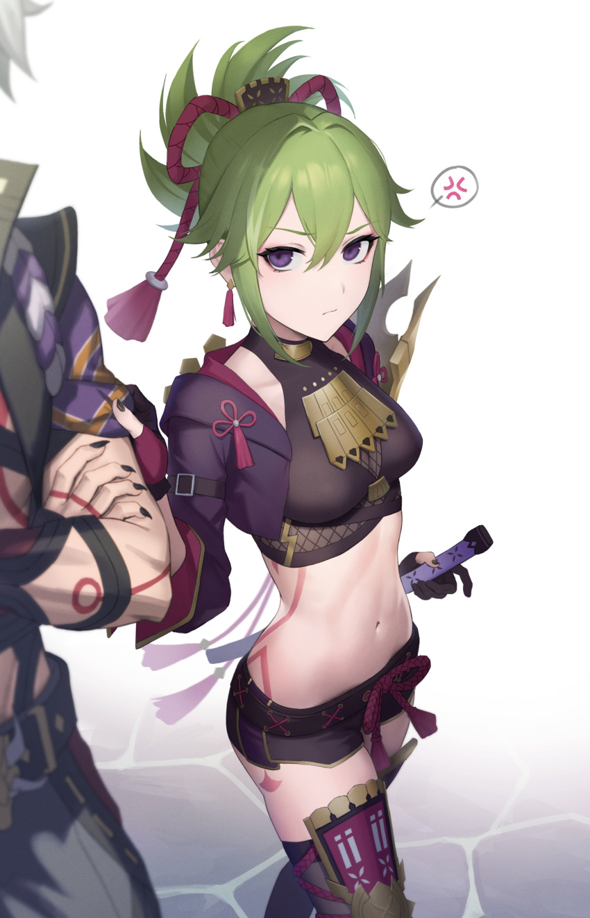1boy 1girl anger_vein arataki_itto armor black_nails black_shorts body_markings breasts closed_mouth crop_top cropped_jacket fishnet_top fishnets genshin_impact green_hair hair_ornament highres holding holding_another's_arm holding_sword holding_weapon jacket kuki_shinobu leg_armor navel no_mask out_of_frame p_shiki purple_eyes purple_jacket rope sheath sheathed shimenawa shirt_tug short_shorts shorts shoulder_armor small_breasts solo_focus spoken_anger_vein stomach sword tassel thighhighs weapon