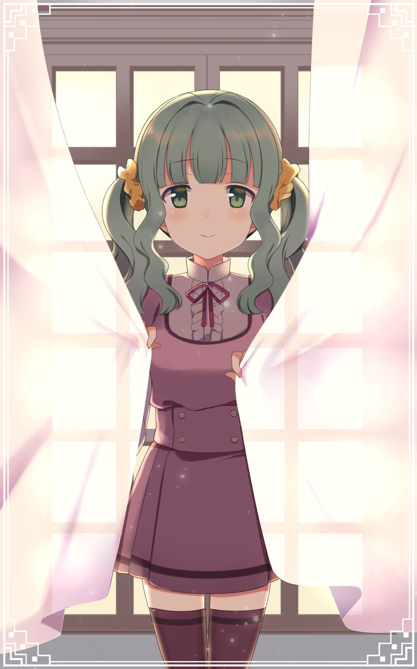 1girl absurdres backlighting bangs blunt_bangs buttons center_frills closed_mouth collared_shirt curtain_grab curtains framed frilled_shirt frills fujishiro_emyu futaba_sana green_eyes green_hair highres indoors layered_sleeves long_sleeves looking_at_viewer magia_record:_mahou_shoujo_madoka_magica_gaiden mahou_shoujo_madoka_magica medium_hair miniskirt mizuna_girls'_academy_school_uniform neck_ribbon pleated_skirt purple_legwear purple_ribbon purple_shirt purple_skirt ribbon school_uniform scrunchie shirt short_over_long_sleeves short_sleeves shouji sidelocks skirt sliding_doors smile solo standing thighhighs twintails wavy_hair white_shirt window yellow_scrunchie zettai_ryouiki