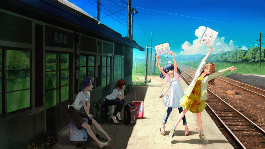 4girls :d arms_up asakura_toru bangs black_hair black_legwear black_pants blue_eyes blue_sky bottle bow brown_hair closed_eyes closed_mouth cloud commentary contrail day dress eyewear_on_head floral_print fukumaru_koito grass hair_bow highres higuchi_madoka hitchhiking holding holding_sign ichikawa_hinana idolmaster idolmaster_shiny_colors jacket jewelry landscape long_hair long_sleeves luggage medium_hair mountainous_horizon multiple_girls necklace noctchill_(idolmaster) open_mouth outdoors pants pink_shirt power_lines print_dress puriketsu_corgy purple_eyes railroad_tracks reflection revision rural scenery shirt short_sleeves sign sitting sky smile standing summer sunglasses t-shirt tied_shirt train_station train_station_platform translated tree twintails utility_pole vanishing_point water_bottle white_dress white_shirt window yellow_dress yellow_jacket