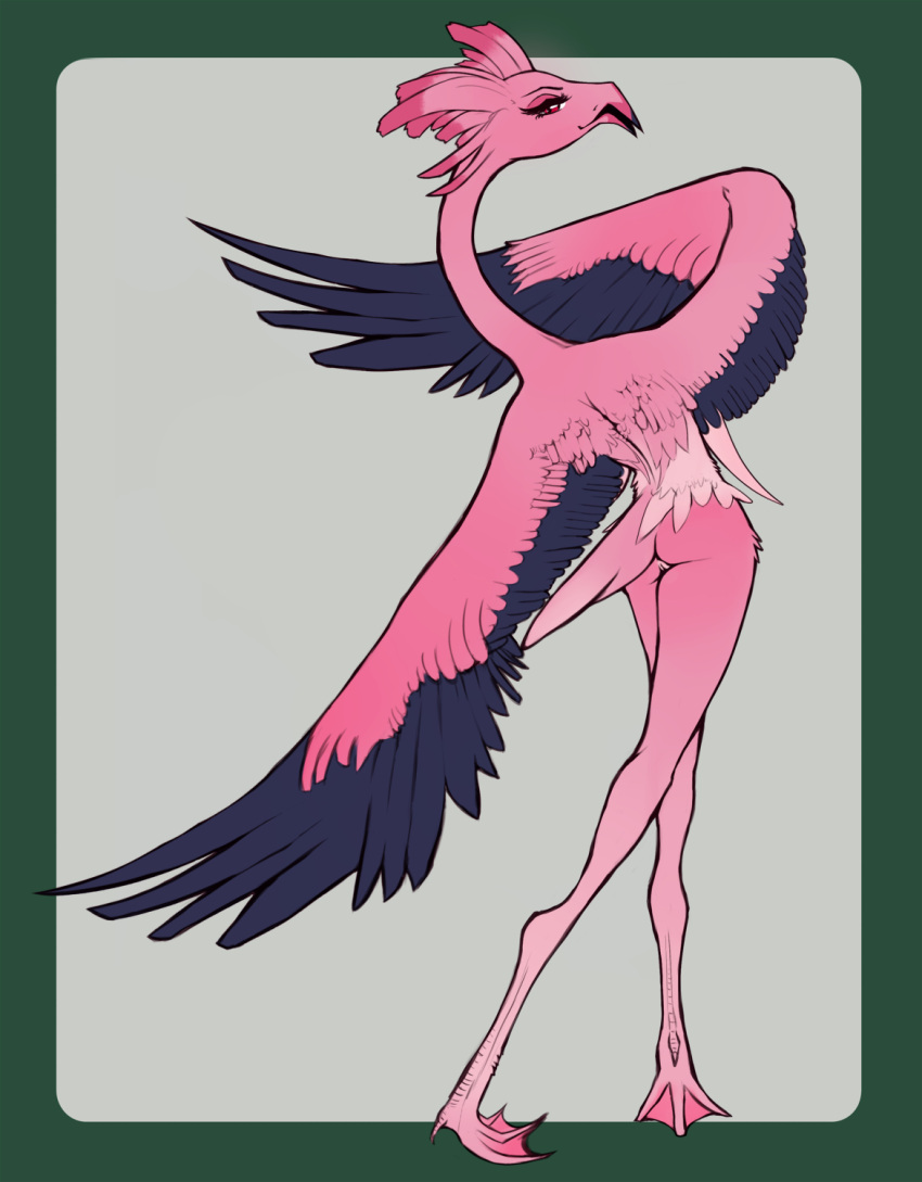 anthro avian barely_visible_genitalia barely_visible_pussy beak bird black_body black_feathers butt eyelashes feather_hair feathers female flamingo genitals hi_res looking_at_viewer nude open_mouth pink_body pink_feathers pseudo_hair pussy simple_background solo standing tail_feathers winged_arms wings xzorgothoth