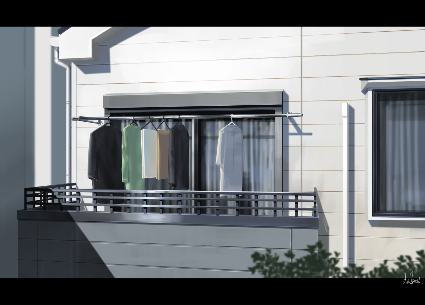 absurdres artist_name balcony building clothes clothes_hanger commentary_request hakuurei_amano highres house letterboxed no_humans original outdoors scenery signature watermark window