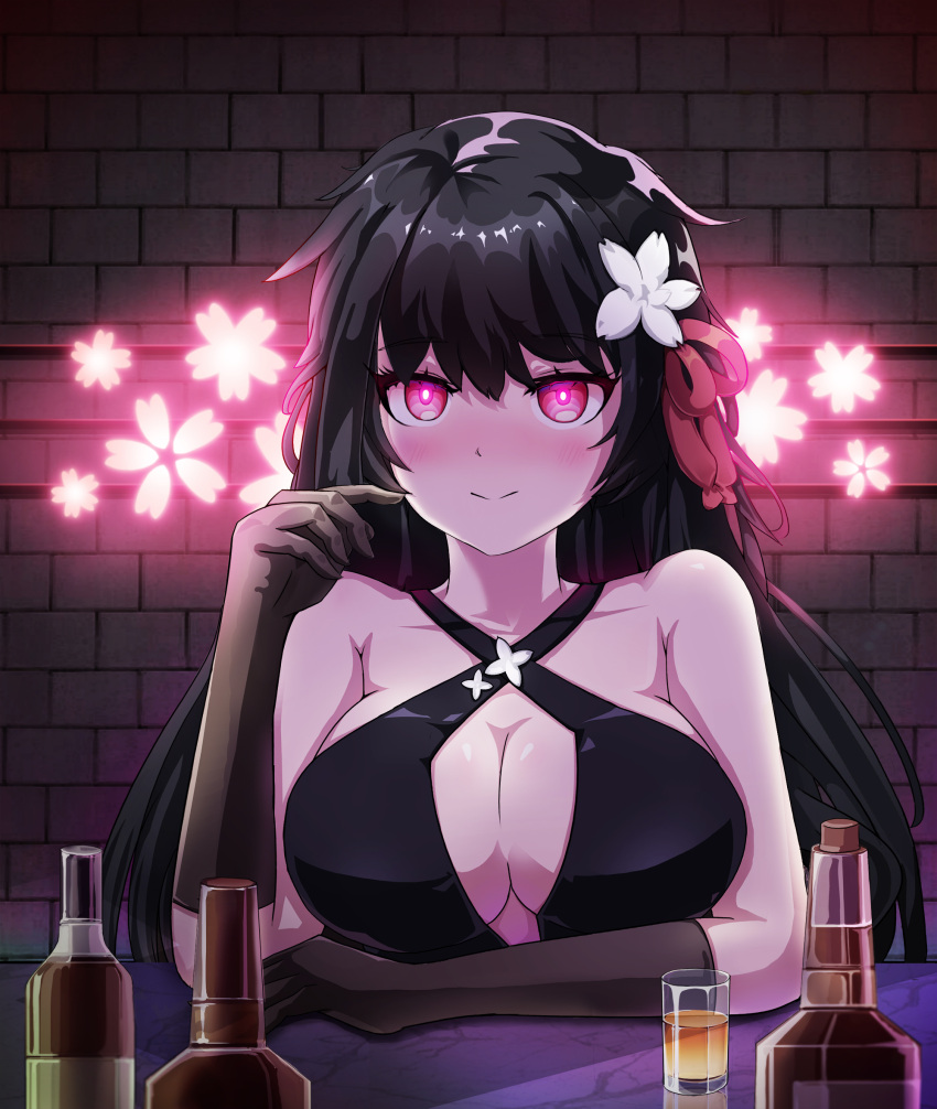 1girl alcohol bar bare_shoulders black_dress black_gloves black_hair blush breasts cherry_blossoms cleavage collarbone dress girls'_frontline gloves hair_ribbon highres large_breasts long_hair looking_at_viewer pink_eyes ribbon smile solo soribit95 type_100_(girls'_frontline) very_long_hair