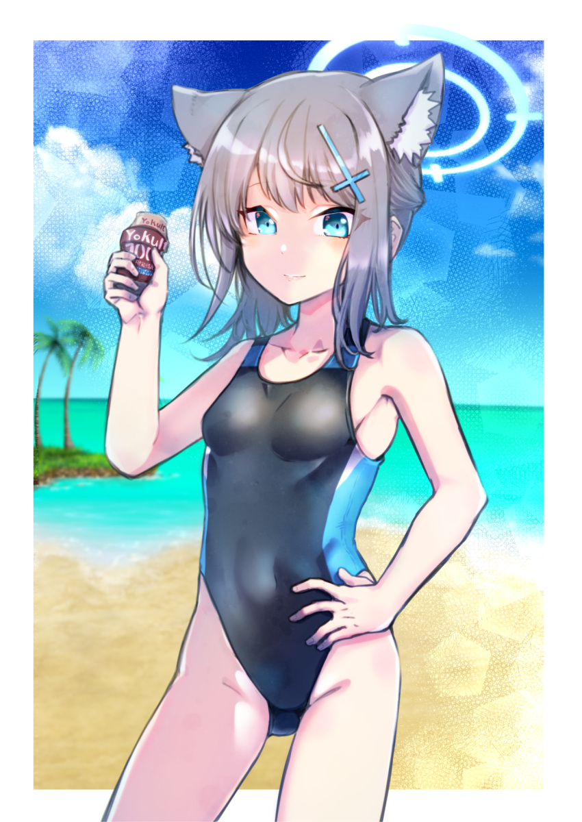 1girl animal_ear_fluff animal_ears ass_visible_through_thighs bangs beach blue_archive blue_eyes blue_sky breasts cloud collarbone commentary_request competition_swimsuit contrapposto cowboy_shot cross_hair_ornament day extra_ears grey_hair hair_ornament halo hand_on_hip highres lotion medium_hair mengnaidu mismatched_pupils one-piece_swimsuit outdoors palm_tree shiroko_(blue_archive) shiroko_(swimsuit)_(blue_archive) sky small_breasts solo sunscreen swimsuit tree