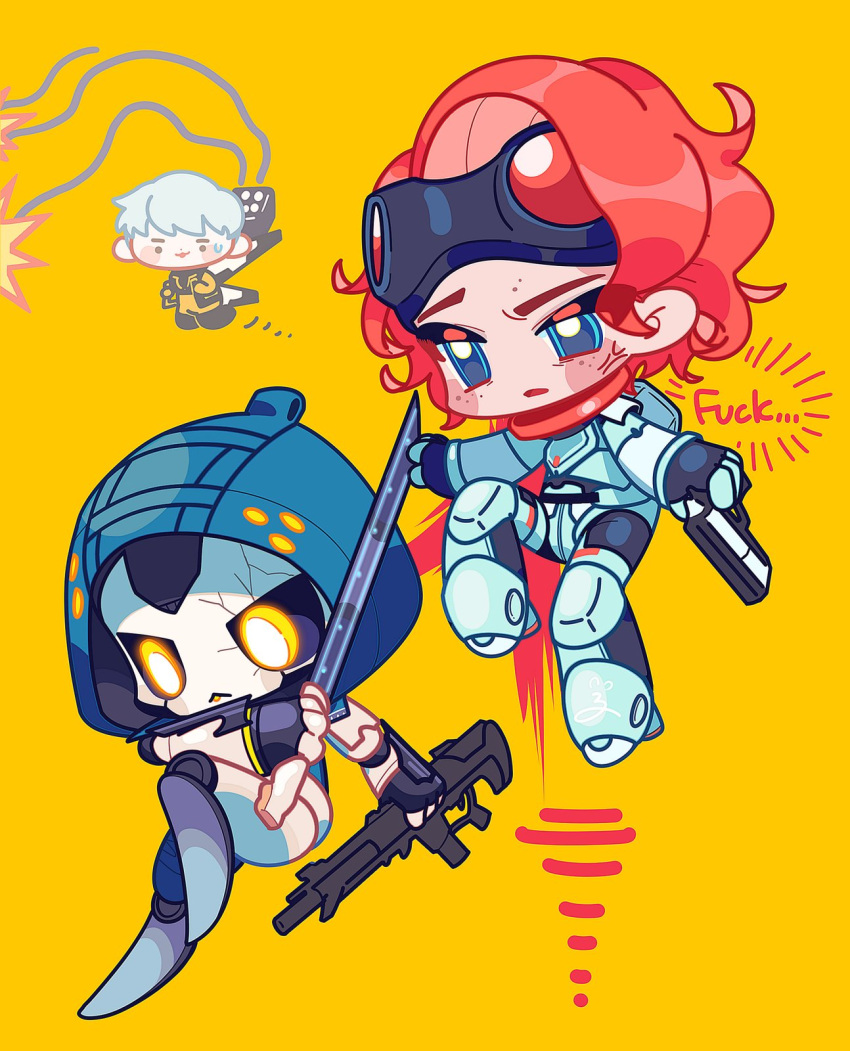 3girls apex_legends ash_(titanfall_2) assault_rifle b3_wingman black_sclera blush bodysuit chibi colored_sclera cracked_skin edorai falling freckles goggles goggles_on_head gun handgun highres holding holding_gun holding_sword holding_weapon horizon_(apex_legends) jetpack missile_pod multiple_girls orange_bodysuit orange_eyes profanity r-301_carbine red_hair revolver rifle spacesuit sword valkyrie_(apex_legends) weapon