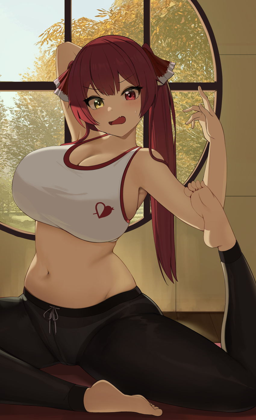 1girl absurdres arm_behind_head bangs barefoot bexercube black_pants blush breasts fang hair_ribbon heterochromia highres hololive houshou_marine huge_breasts indoors long_hair looking_at_viewer navel open_mouth panties pants red_eyes red_hair ribbon round_window skin_fang solo sports_bra sportswear stomach twintails underwear virtual_youtuber white_panties white_sports_bra window yellow_eyes yoga yoga_pants