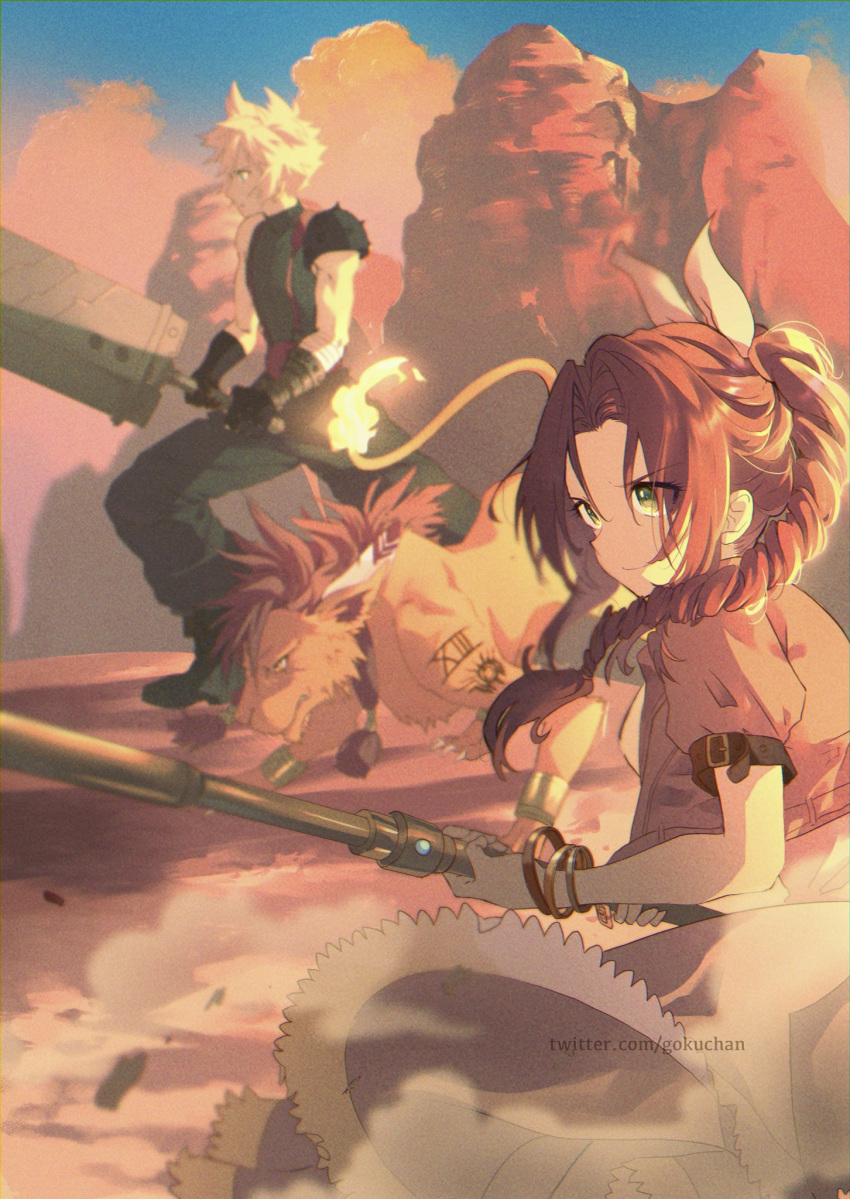 1girl 2boys aerith_gainsborough animal armor baggy_pants bangs blonde_hair bracelet braid braided_ponytail brown_hair buster_sword cloud_strife cropped_jacket desert dress dust_cloud fighting_stance final_fantasy final_fantasy_vii final_fantasy_vii_remake flame-tipped_tail goku-chan green_eyes hair_ribbon highres holding holding_staff holding_sword holding_weapon jacket jewelry long_dress materia multiple_boys orange_fur outdoors pants parted_bangs pink_dress red_jacket red_xiii ribbon short_hair short_sleeves shoulder_armor sleeveless sleeveless_turtleneck spiked_hair staff suspenders sword tattoo turtleneck weapon