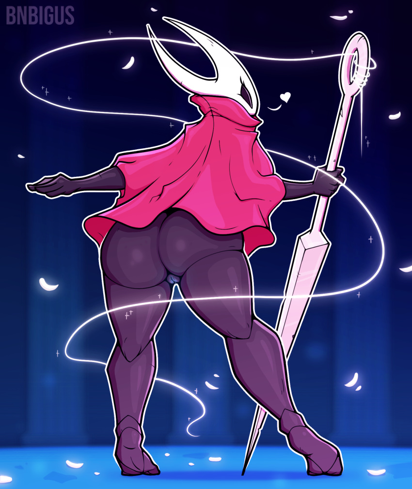 anthro arthropod black_body blue_pussy bnbigus cloak clothing exoskeleton female genitals hi_res holding_object holding_sword holding_weapon hollow_knight hornet_(hollow_knight) mask melee_weapon mostly_nude nipples pussy solo standing sword team_cherry video_games weapon
