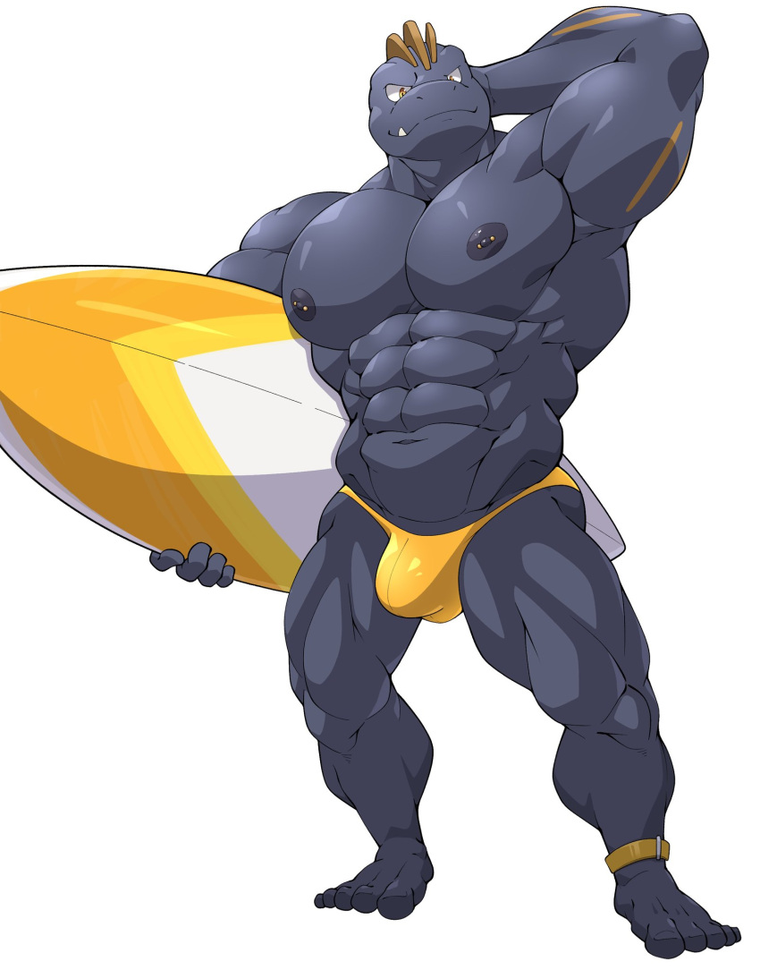 clothing hi_res humanoid looking_at_viewer machoke maldu male muscular muscular_male nintendo nipple_piercing nipples piercing pok&eacute;mon pok&eacute;mon_(species) solo speedo surfboard swimwear video_games yellow_clothing yellow_eyes yellow_speedo yellow_swimwear