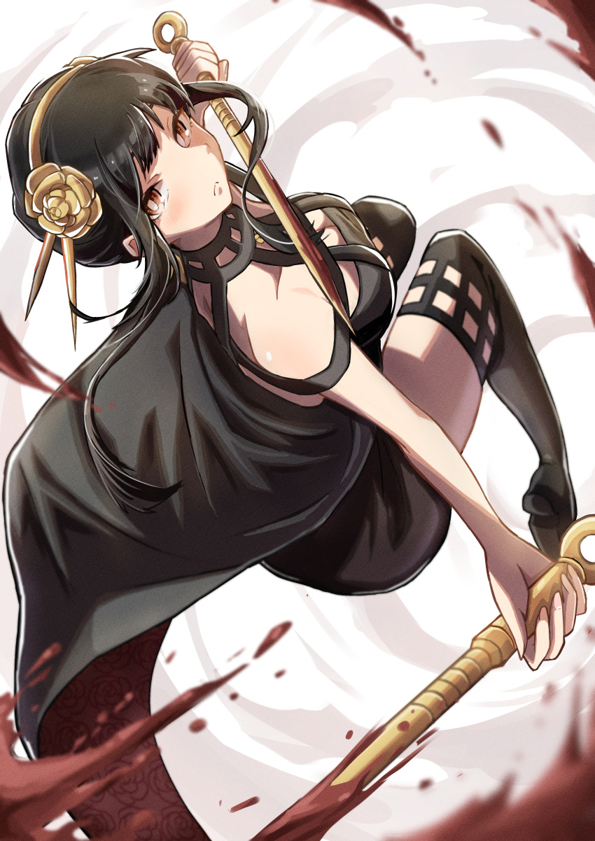 1girl absurdres bare_arms black_cape black_dress black_footwear black_hair blood blood_splatter boots breasts brown_eyes cape cleavage closed_mouth dress dual_wielding eat_some_cookie floating_hair flower frown hair_flower hair_ornament hairband highres holding holding_weapon looking_at_viewer medium_breasts no_gloves shiny shiny_hair short_dress short_hair_with_long_locks sidelocks sketch sleeveless sleeveless_dress solo spy_x_family thigh_boots weapon yellow_flower yellow_hairband yor_briar zettai_ryouiki