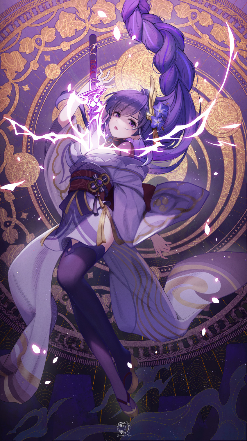 1girl absurdres bangs breasts cleavage commentary floating_hair flower full_body genshin_impact hair_flower hair_ornament highres hyeyoon_0205 japanese_clothes kimono large_breasts long_braid long_hair long_sleeves looking_at_viewer obi off_shoulder parted_lips purple_eyes purple_flower purple_hair purple_kimono purple_legwear raiden_shogun red_sash sash solo sword thighhighs tomoe_(symbol) very_long_hair weapon wide_sleeves