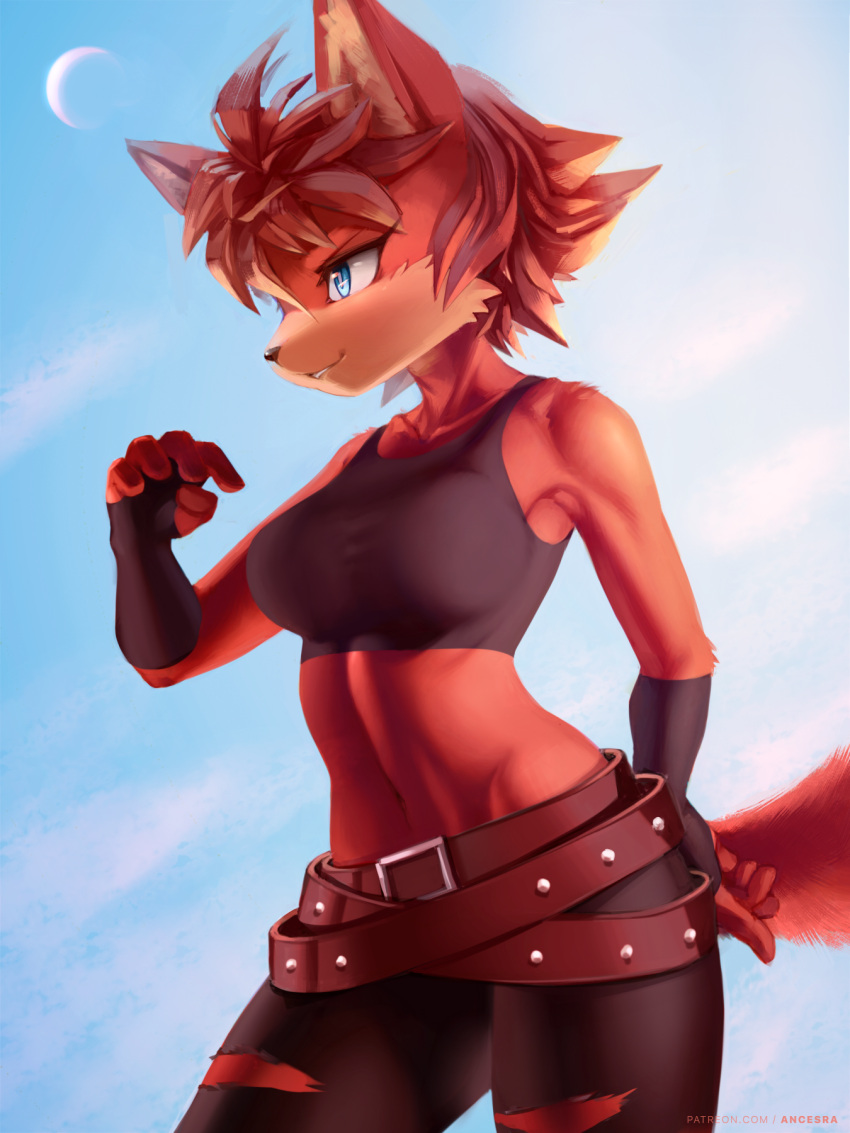 1girl ancesra animal_ears animal_nose artist_name bangs bare_shoulders belt black_gloves black_pants black_shirt blue_background blue_eyes blue_sky body_fur breasts collarbone commission cowboy_shot crop_top day fingerless_gloves fiona_fox fox_ears fox_girl fox_tail furry furry_female gloves hand_on_hip hand_up happy highres large_breasts midriff moon multiple_belts navel non-web_source outdoors pants parted_lips patreon_username red_fur red_hair shirt short_hair sidelocks sky sleeveless sleeveless_shirt smile snout solo sonic_(series) standing stomach tail teeth torn_clothes torn_pants two-tone_fur v-shaped_eyebrows watermark web_address