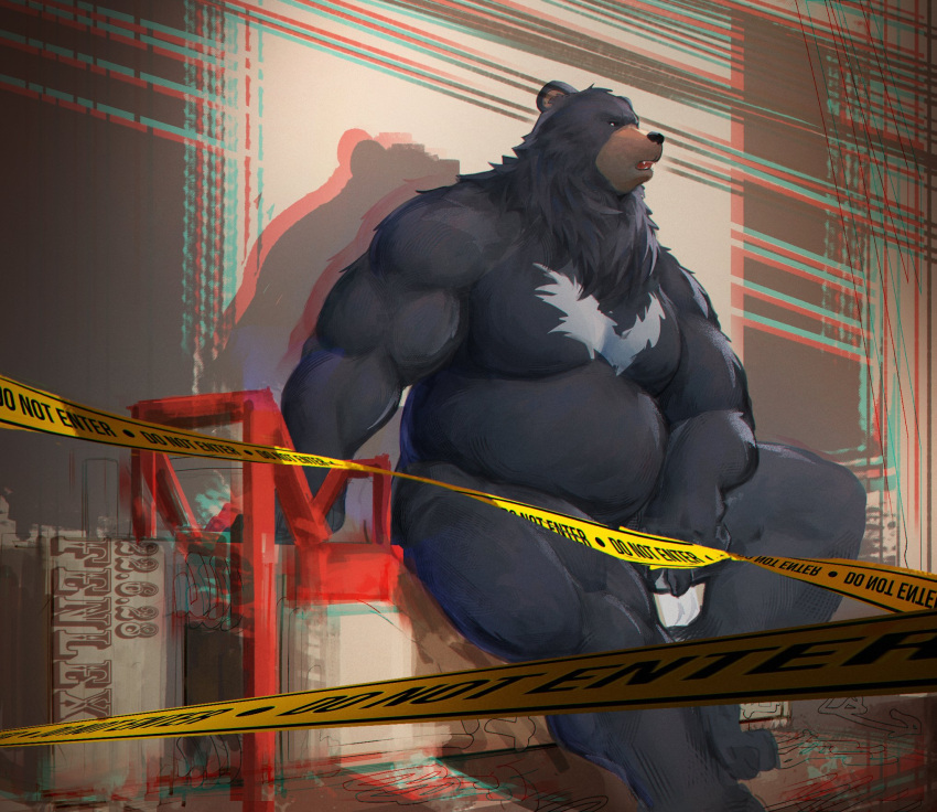 2022 anthro belly big_belly biped black_body black_fur black_nose detailed_background fenrir_shino fur hi_res kemono male mammal moobs musclegut overweight overweight_male sitting solo ursid