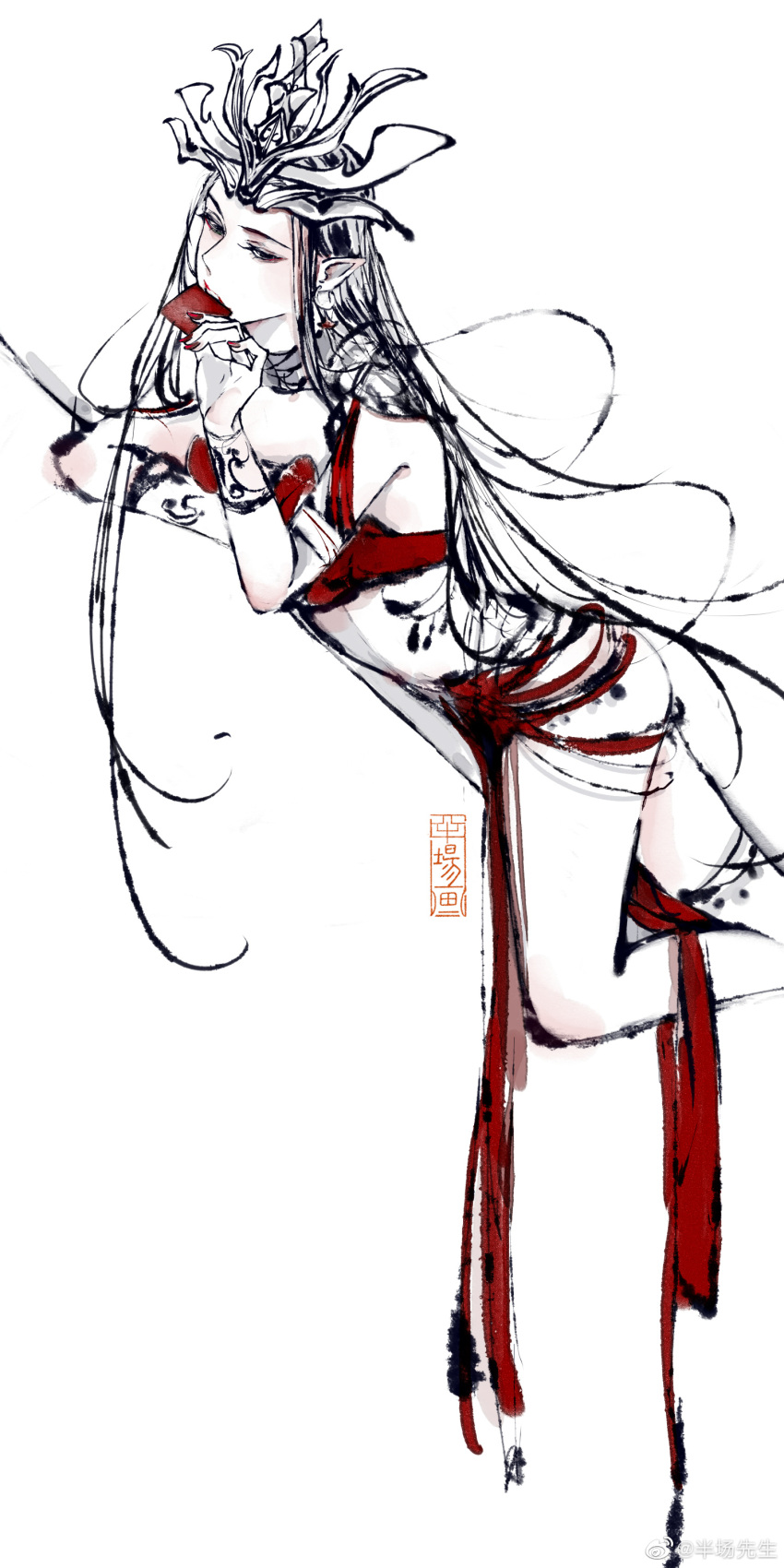 1girl absurdres ass banchang_xiansheng bare_legs black_hair cai_lin_(doupo_cangqiong) doupo_cangqiong hair_ornament hair_strand highres ink_(medium) jewelry long_hair looking_down lying on_stomach pointy_ears red_skirt red_tube_top skirt strapless teeth traditional_media tube_top white_background