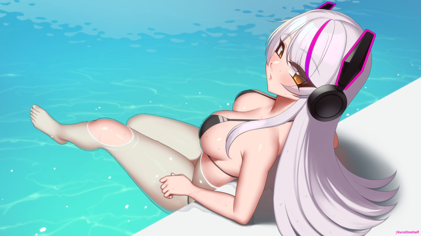 1girl absurdres afloat arianna_foxton arm_support armpit_crease artist_name bangs barefoot bikini black_bikini blush breasts brown_eyes commission english_commentary eyes_visible_through_hair full_body headgear highres indie_virtual_youtuber kuroonehalf long_hair looking_at_viewer looking_back medium_breasts multicolored_hair parted_lips partially_submerged pool poolside purple_hair second-party_source shiny shiny_skin solo streaked_hair swimsuit virtual_youtuber water wet white_hair