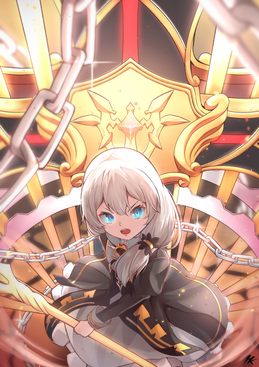 1girl :o absurdres black_dress blue_eyes cross_(weapon) dress ha_kang highres holding holding_polearm holding_weapon honkai_(series) honkai_impact_3rd long_hair long_sleeves looking_at_viewer nun open_mouth polearm side_ponytail solo spear theresa_apocalypse theresa_apocalypse_(valkyrie_pledge) v-shaped_eyebrows weapon white_hair