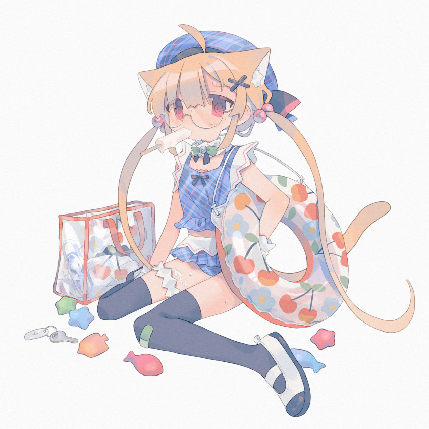 1girl @_@ ahoge animal_ear_fluff animal_ears bag bandaid bandaid_on_clothes bandaid_on_knee bandaid_on_leg bangs bare_arms bell beret bikini black_legwear blue_headwear blue_shirt bow bowtie bridal_garter cat_ears cat_tail cherry_print collar daizu_(melon-lemon) eyes_visible_through_hair film_grain floral_print food food_print frilled_collar frilled_swimsuit frilled_tankini frills glasses gloves green_bow green_bowtie hair_bobbles hair_ornament hat highres holding holding_innertube innertube jingle_bell key long_hair looking_at_viewer mouth_hold neck_bell no_nose orange_hair original plaid plaid_headwear plaid_shirt plaid_swimsuit popsicle popsicle_in_mouth print_innertube red_eyes shirt shoes sidelocks simple_background sitting sleeveless sleeveless_shirt solo suggestive_fluid sweat swimsuit tail tankini thighhighs transparent_bag twintails uwabaki very_long_hair wariza white_background white_collar white_footwear white_gloves x_hair_ornament