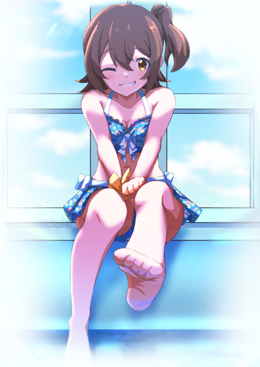 1girl absurdres bangs bikini brown_hair feet hair_ornament hairclip highres idolmaster idolmaster_million_live! kasuga_mirai looking_at_viewer navel one_eye_closed one_side_up sanami_(sanami_t_38) scrunchie short_hair smile solo swimsuit yellow_eyes