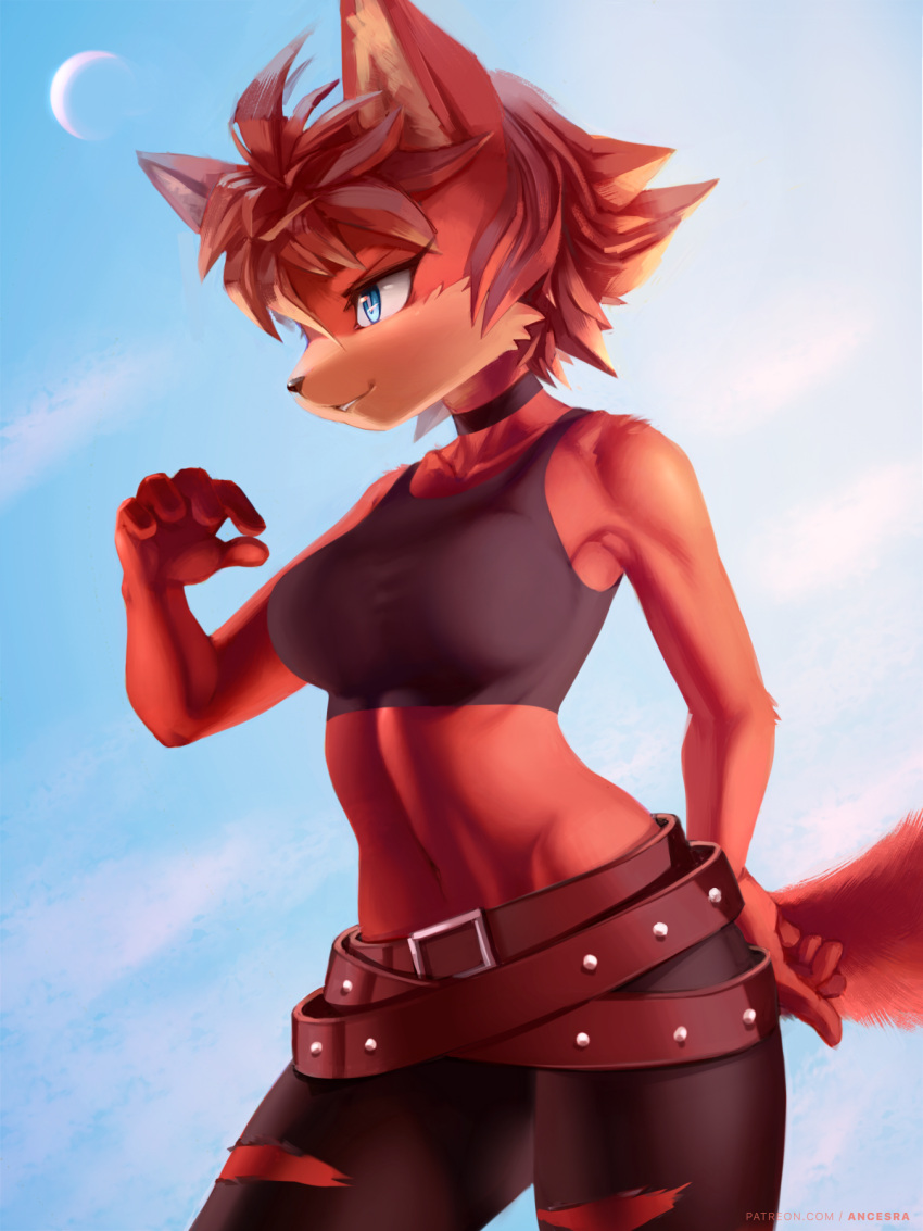 1girl ancesra animal_ears animal_nose artist_name bangs bare_shoulders belt black_choker black_pants black_shirt blue_background blue_eyes blue_sky body_fur breasts choker collarbone commission cowboy_shot crop_top day fiona_fox fox_ears fox_girl fox_tail furry furry_female hand_on_hip hand_up happy highres large_breasts midriff moon multiple_belts navel non-web_source outdoors pants parted_lips patreon_username red_fur red_hair shirt short_hair sidelocks sky sleeveless sleeveless_shirt smile snout solo sonic_(series) standing stomach tail teeth torn_clothes torn_pants two-tone_fur v-shaped_eyebrows watermark web_address