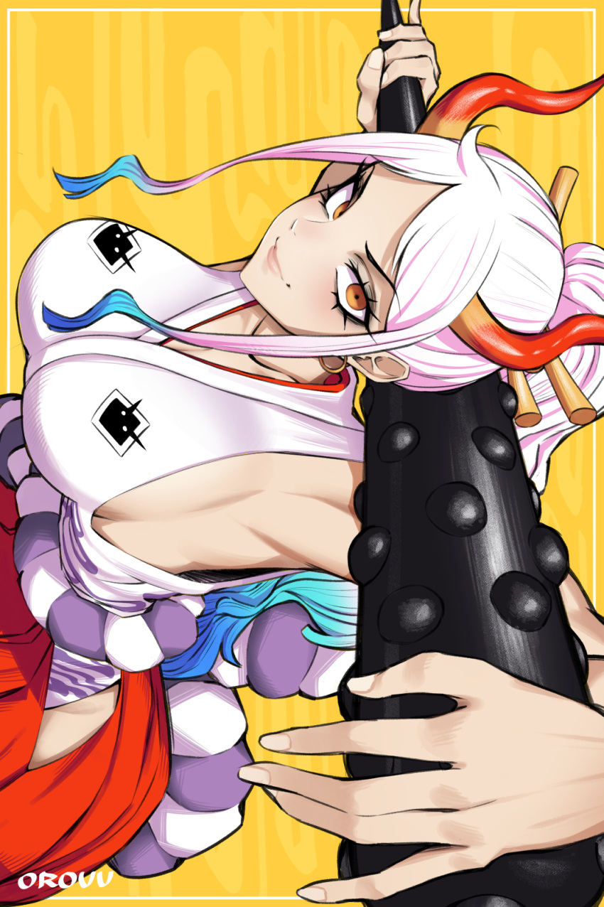 &gt;:) 1girl aqua_hair armpits arms_up blue_hair breasts closed_mouth club_(weapon) collarbone curled_horns earrings eyelashes fingernails foreshortening hair_ornament hair_stick hakama high_ponytail highres hip_vent holding holding_weapon horns japanese_clothes jewelry kanabou kimono large_breasts leaning_forward lips long_hair looking_at_viewer multicolored_hair multicolored_horns one_piece oni orange_eyes orange_horns orouu over_shoulder pink_hair pinky_out red_hakama red_horns rope shimenawa sideboob sideways sleeveless sleeveless_kimono smile solo v-shaped_eyebrows very_long_hair weapon weapon_over_shoulder yamato_(one_piece)