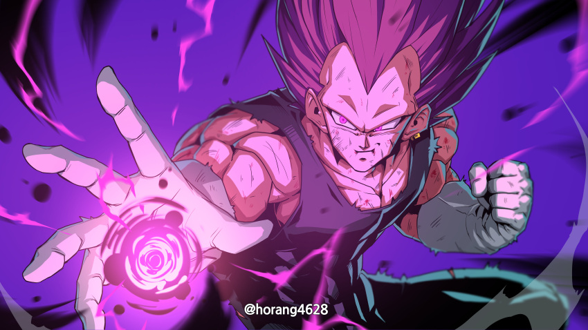 1boy absurdres battle_damage clenched_hand closed_mouth dragon_ball dragon_ball_super gloves highres horang4628 incoming_attack male_focus muscular muscular_male no_eyebrows purple_eyes purple_hair solo spiked_hair torn_clothes ultra_ego_(dragon_ball) vegeta white_gloves