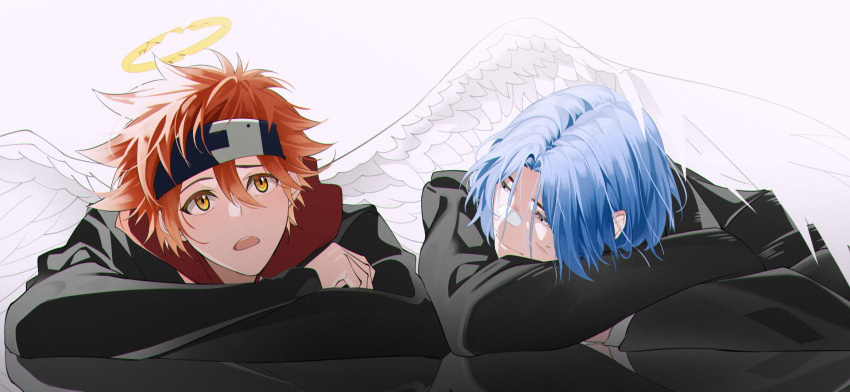 2boys angel angel_wings bandaid bandaid_on_face bandaid_on_nose blue_eyes blue_hair blue_headband cuts dhfz181 feathered_wings halo hasegawa_langa headband highres injury kyan_reki long_sleeves looking_at_another looking_to_the_side male_focus medium_hair multiple_boys open_mouth orange_eyes red_hair short_hair sk8_the_infinity wings