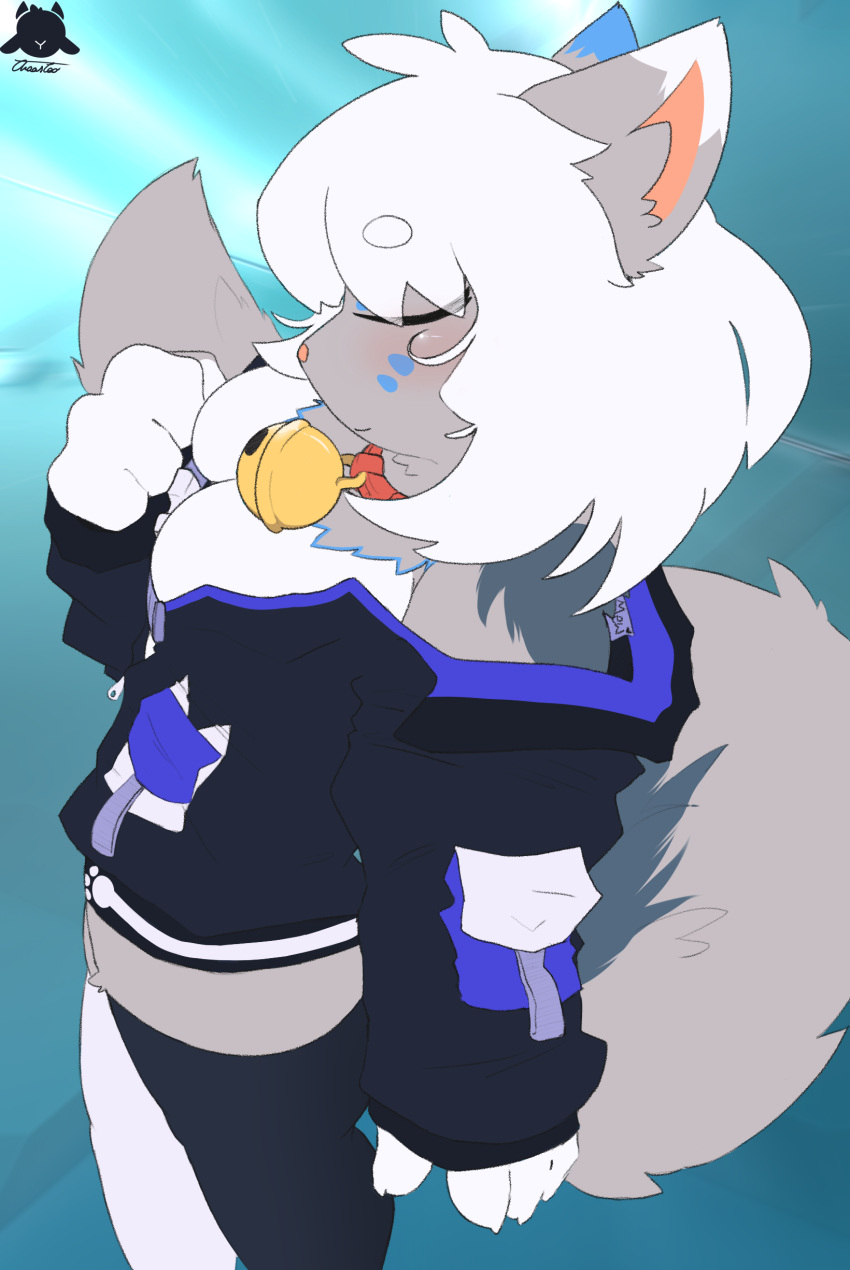 absurd_res anthro breasts clothing collar collar_ring domestic_cat felid feline felis female fluffy fluffy_tail hi_res jacket jacket_on_shoulders kemono mammal nails neck_tuft paws solo thaasteo tight_clothing topwear tuft unzipping
