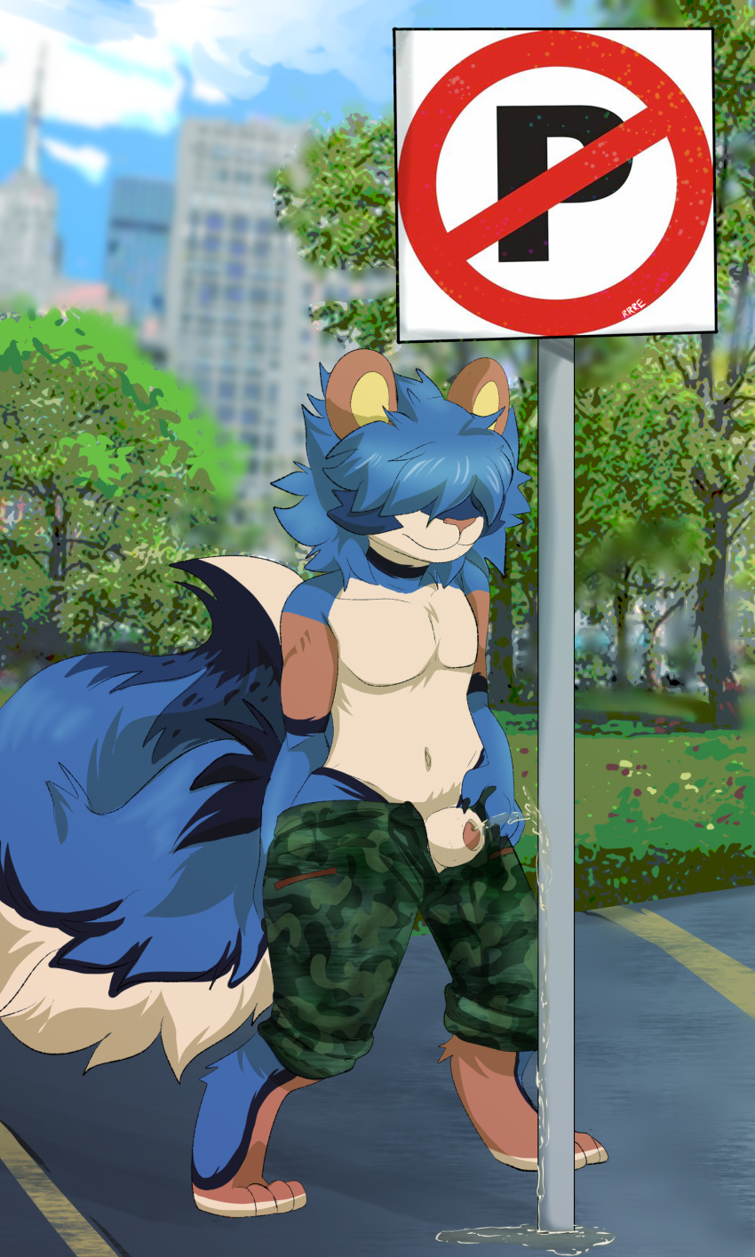 absurd_res animal_genitalia anthro blue_body blue_fur blue_hair bodily_fluids bottomwear camo camo_bottomwear camo_clothing camo_pants camo_print canid canine canis clothed clothing detailed_background digital_media_(artwork) fan_character felid feline fluffy fluffy_tail fur genital_fluids genitals grass growlithe hair hair_over_eyes hi_res hybrid luxray male mammal nintendo orange_body orange_fur outside pants pattern_bottomwear pattern_clothing pattern_pants peeing plant pok&eacute;mon pok&eacute;mon_(species) public raveneevee sheath smile solo tan_body tan_fur topless topless_male tree urine urine_on_ground urine_stream video_games watersports