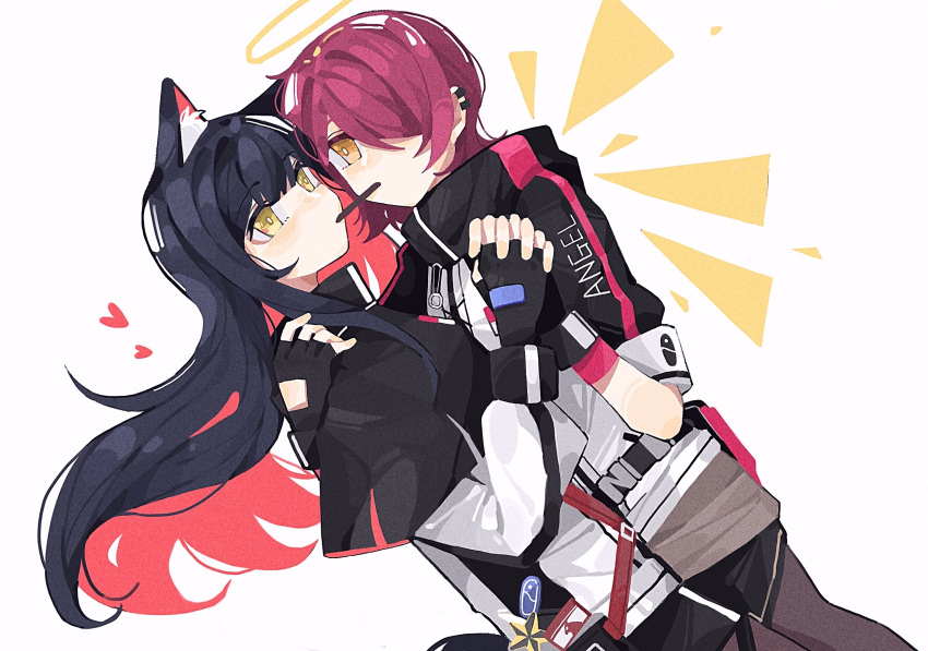 2girls animal_ear_fluff animal_ears arknights bangs belt black_gloves black_hair black_legwear black_shorts colored_inner_hair detached_wings dutch_angle ear_piercing exusiai_(arknights) fingerless_gloves food gloves hair_over_one_eye halo haobuguniao heart heart-shaped_eyewear high_collar highres jacket long_hair long_sleeves mouth_hold multicolored_hair multiple_girls piercing pocky pocky_kiss red_hair short_hair shorts simple_background texas_(arknights) white_background wings wolf_ears yellow_eyes yuri