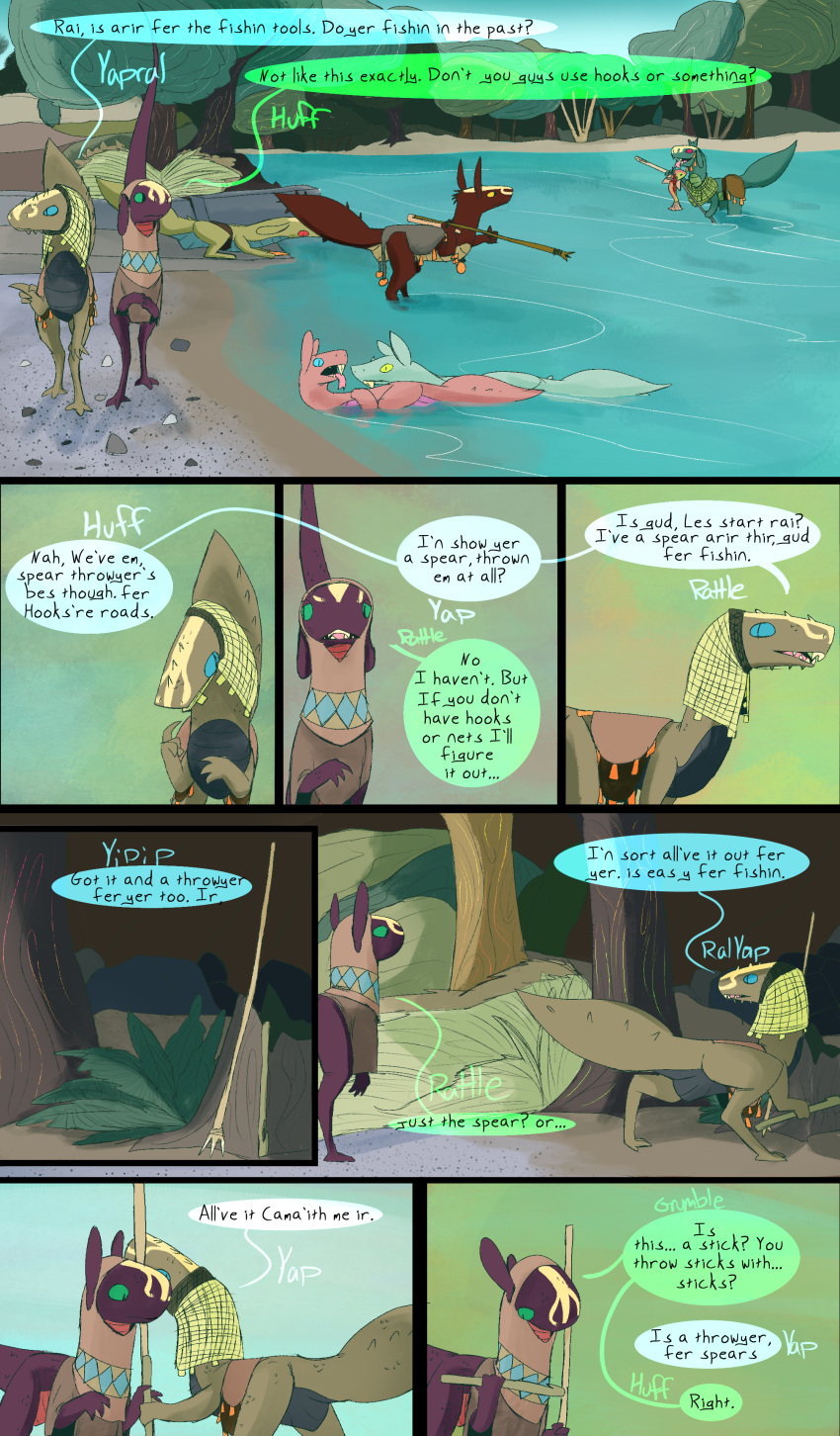 absurd_res atlatl comic dinosaur dragon dragonscape drekir dromaeosaurid female feral fishing group hi_res male oli_(thepatchedragon) plant post-apocalyptic reptile river scalie spearfishing spur_(thepatchedragon text thepatchedragon theropod tree tribal tribal_clothing