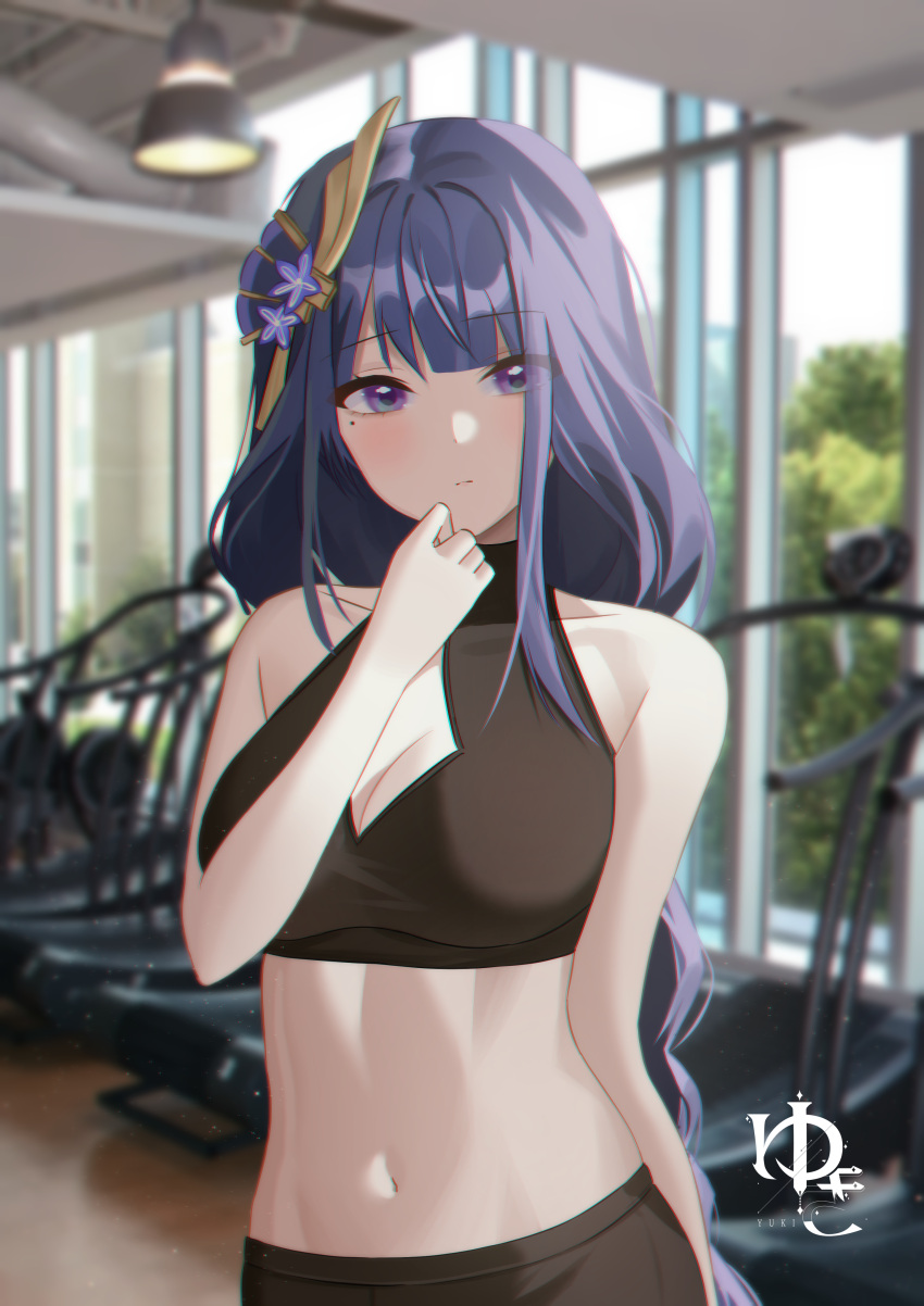 1girl absurdres blurry blush braid braided_ponytail breasts cleavage_cutout clothing_cutout flower genshin_impact gym hair_flower hair_ornament highres large_breasts long_hair midriff mole mole_under_eye navel purple_eyes purple_hair raiden_shogun solo sports_bra sportswear treadmill window yuki_(o2)