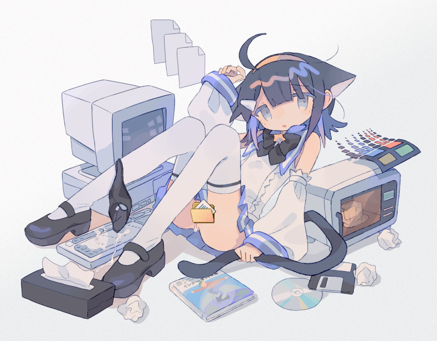 1girl ahoge animal_ears bangs bare_shoulders base64_commentary black_bow black_bowtie black_footwear black_hair black_panties blue_sailor_collar blue_skirt book bow bowtie cat_ears cat_girl cat_tail cd censored commentary computer crt cum daizu_(melon-lemon) detached_sleeves extra_ears file floppy_disk folder full_body grey_eyes hair_ornament hairband hairclip hand_up highres holding_own_tail keyboard_(computer) knees_up long_sleeves looking_at_viewer lying mary_janes medium_hair microwave miniskirt monitor no_nose novelty_censor on_back open_mouth original panties panties_around_one_leg parted_lips pleated_skirt pussy pussy_juice sailor_collar shirt shoes simple_background skirt sleeveless sleeveless_shirt sleeves_past_wrists solo star_(symbol) tail thighhighs tissue tissue_box underwear used_tissue white_background white_legwear white_shirt white_sleeves wide_sleeves windows windows_logo