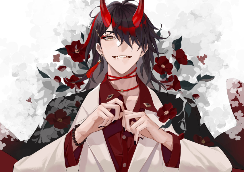 1boy achichi_ovo bead_bracelet beads black_hair black_nails bracelet camellia choker earrings flower hair_over_one_eye highres horns japanese_clothes jewelry kimono kimono_on_shoulders long_hair long_sleeves looking_at_viewer male_focus multicolored_hair nail_polish nijisanji nijisanji_en oni oni_horns print_kimono red_choker red_eyeliner red_flower red_hair red_horns single_earring streaked_hair tassel tassel_earrings virtual_youtuber vox_akuma yellow_eyes