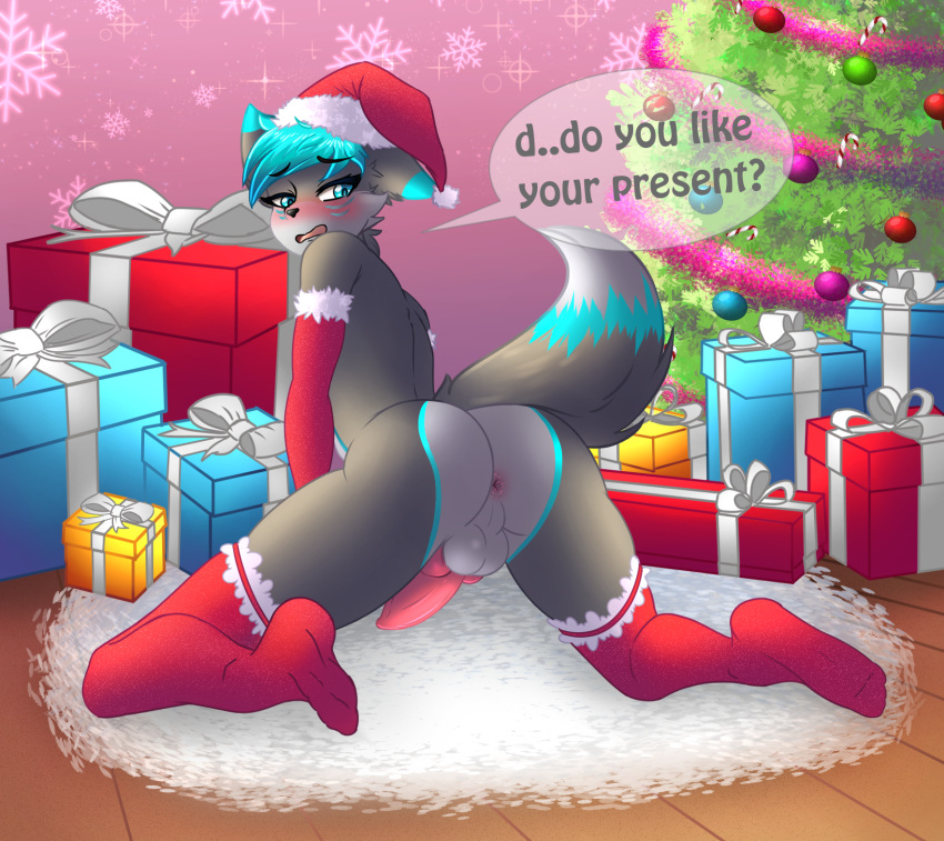 akuro- all_fours animal_genitalia animal_penis anthro anus arm_warmers armwear ass_up balls blue_eyes blush butt canid canine canine_penis canis christmas christmas_clothing christmas_headwear clothing digital_media_(artwork) embarrassed embarrassed_nude_male erection fur genitals girly hair hat headgear headwear hi_res holidays kipwolf knot leg_warmers legwear looking_back male mammal notched_ear nude open_mouth penis presenting presenting_anus presenting_hindquarters raised_tail santa_hat solo speech_bubble spread_legs spreading submissive submissive_male text thigh_highs tongue wolf