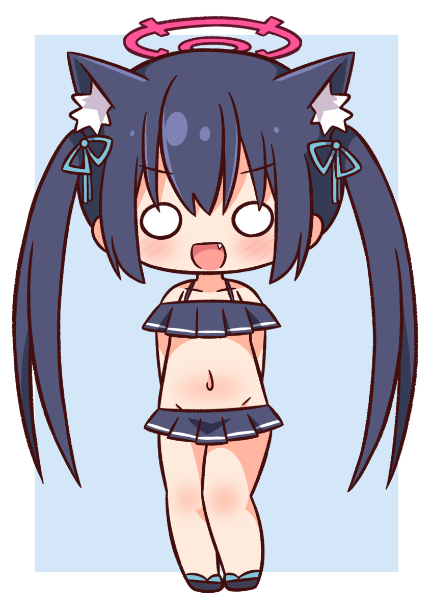 1girl :d animal_ear_fluff animal_ears arms_behind_back bangs bare_shoulders bikini black_bikini black_footwear black_hair blue_archive blue_background blue_ribbon blush cat_ears chibi collarbone fang full_body groin hair_between_eyes hair_ribbon halo hana_kazari highres long_hair looking_at_viewer navel o_o off-shoulder_bikini off_shoulder revision ribbon sandals serika_(blue_archive) serika_(swimsuit)_(blue_archive) smile solo standing swimsuit twintails two-tone_background very_long_hair white_background