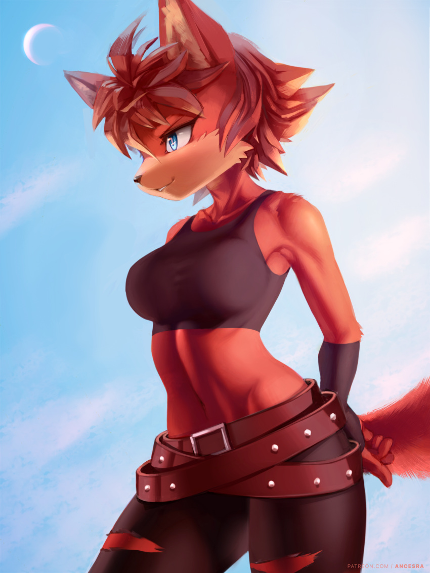 1girl ancesra animal_ears animal_nose artist_name bangs bare_shoulders belt black_gloves black_pants black_shirt blue_background blue_eyes blue_sky body_fur breasts collarbone commission cowboy_shot crop_top day fingerless_gloves fiona_fox fox_ears fox_girl fox_tail furry furry_female gloves hand_on_hip happy highres large_breasts midriff moon multiple_belts navel non-web_source outdoors pants parted_lips patreon_username red_fur red_hair shirt short_hair sidelocks sky sleeveless sleeveless_shirt smile snout solo sonic_(series) standing stomach tail teeth torn_clothes torn_pants two-tone_fur v-shaped_eyebrows watermark web_address